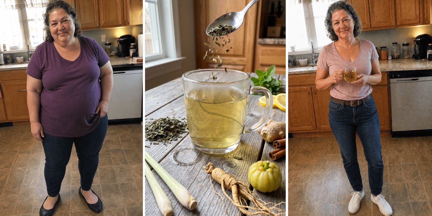 Three-panel before-and-after: a heavyset woman ~55 sitting defeated on her sofa by a pair of bathroom scales; a close-up of a golden-green herbal tea in a glass mug with hibiscus, ginger and citrus; the same woman now slim and glowing in a sunny kitchen holding the same mug of tea.