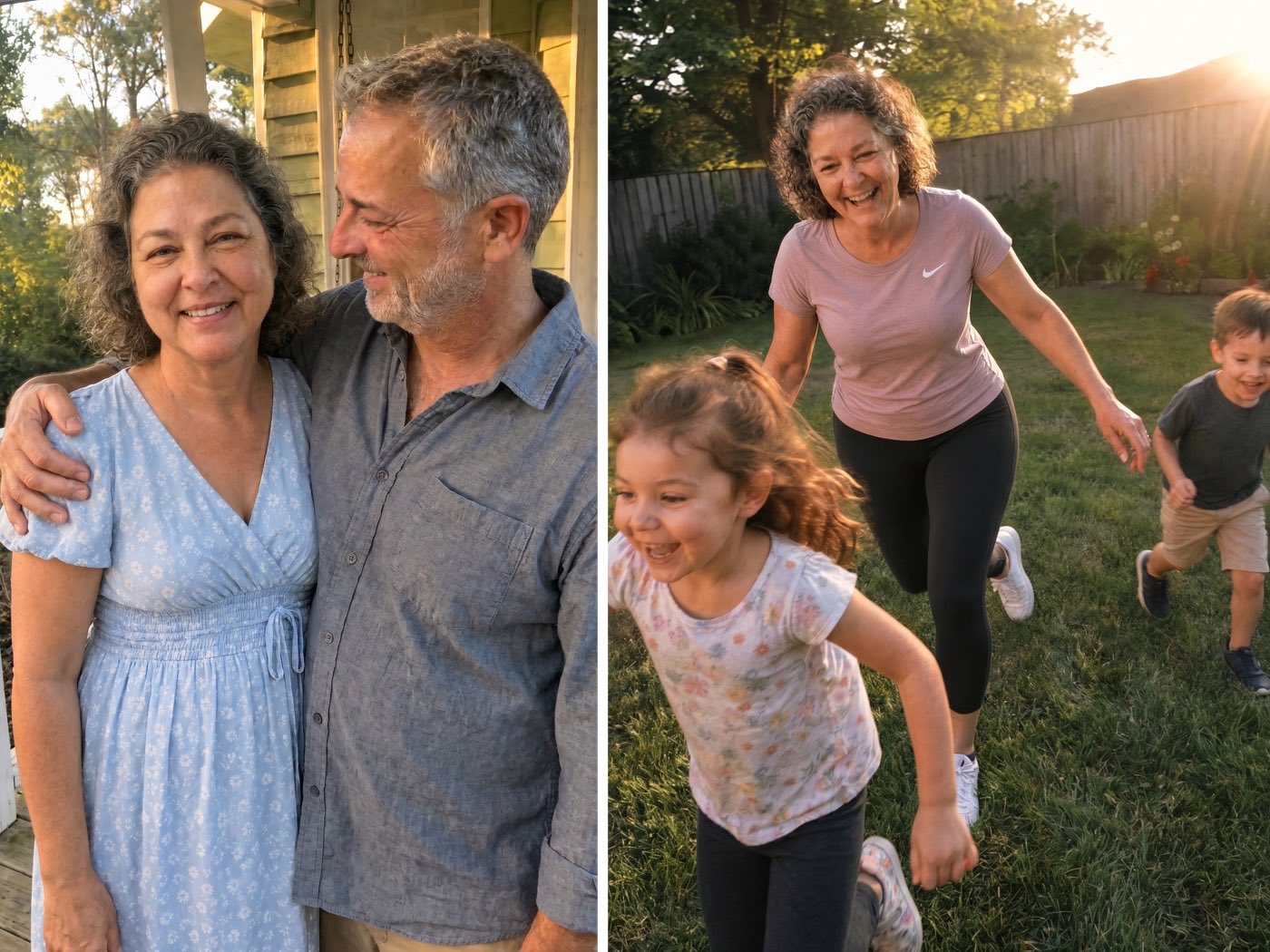 Left: a tender, candid moment between a married couple in their mid-to-late 50s — the slim, glowing wife mid-laugh, her grey-haired husband's arm around her, looking at her with emotion. Right: the same woman laughing outdoors in a sunny back garden, playing and chasing two young grandchildren on a green lawn in warm golden-hour light.